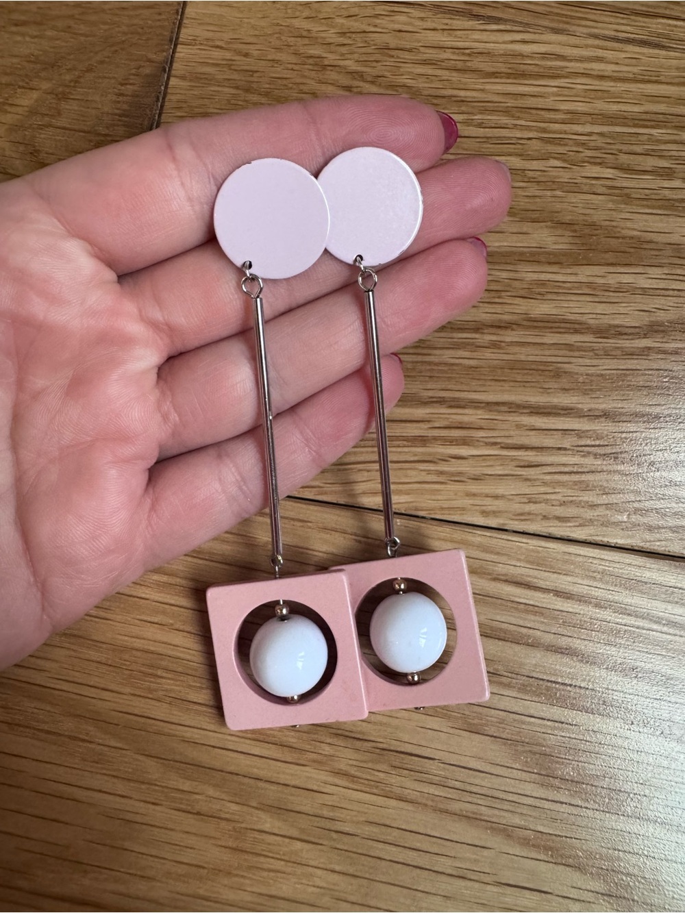 Pink Geometric Drop Earrings - Minimalist Women Jewelry - Picture 2 of 4
